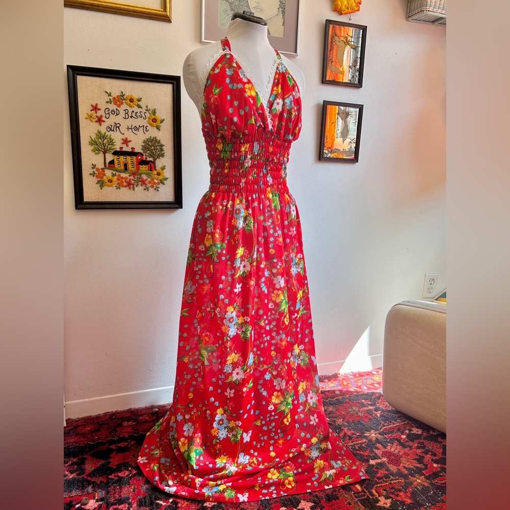 Vintage 70s Red Floral Maxi Dress with Multicolor Flowers - Picture 4 of 9